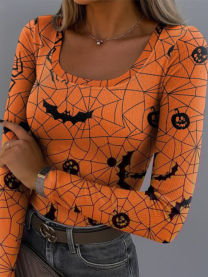 🔥Buy 3 Get 10% Off🔥Women's Halloween Design Retro Fashion Classic Long-Sleeved Square Neck Pit Strip Fabric Long-Sleeved T-Shirt