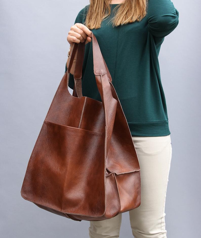 COGNAC LEATHER TOTE bag, Slouchy Tote, Cognac Handbag for Women, Every Day Bag, Women leather bag, Weekender Oversized bag