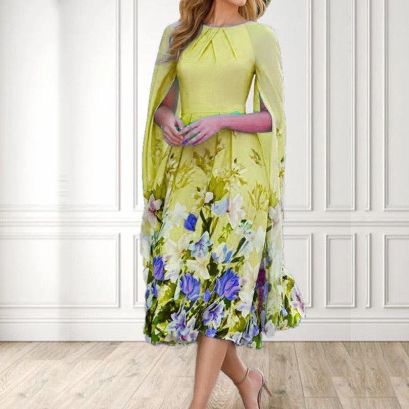 Women Fashion Cloak Sleeve Pleated Party Dress O-neck Commute Dress