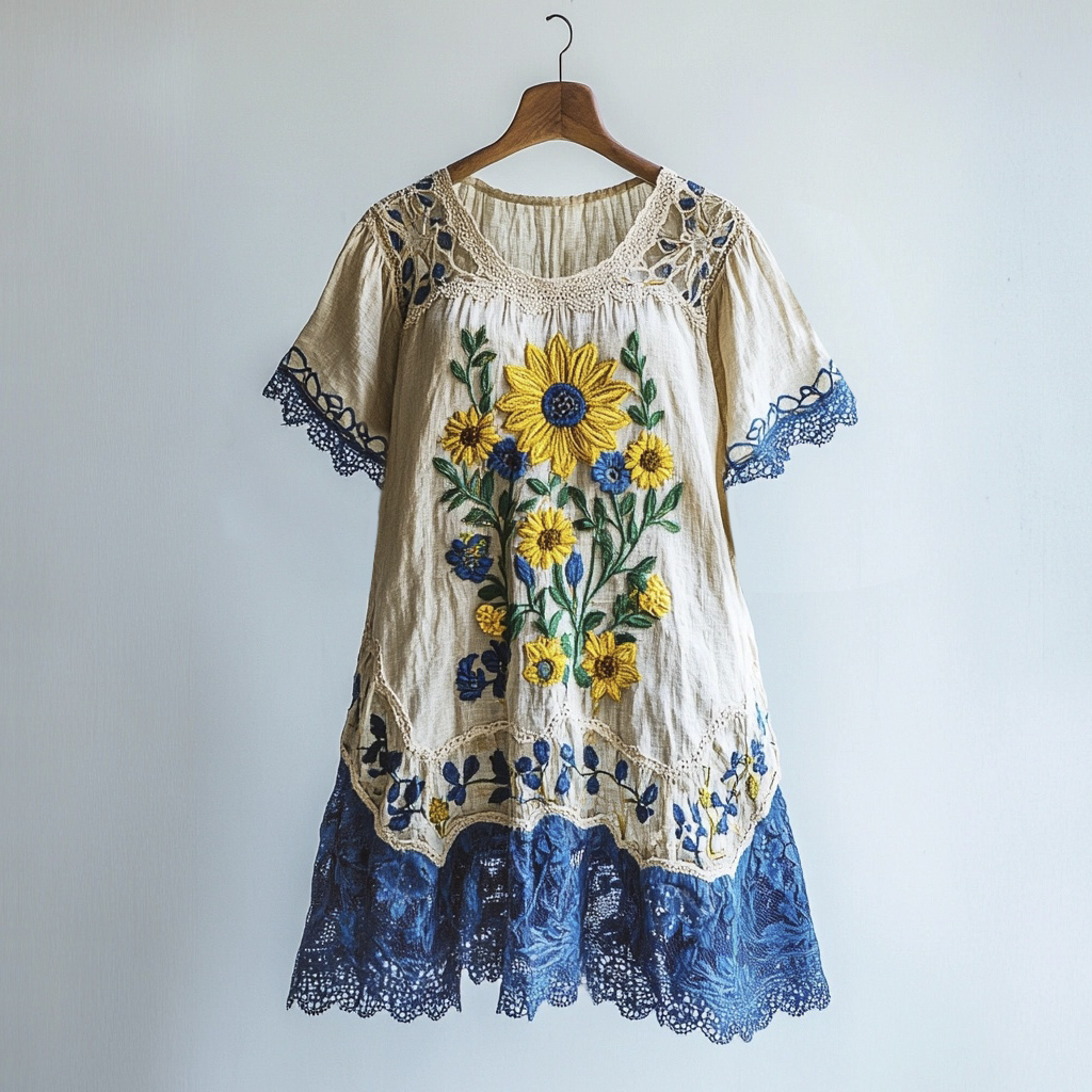 Sunflower Vintage Lace Embroidery Patchwork Women's Linen Dress