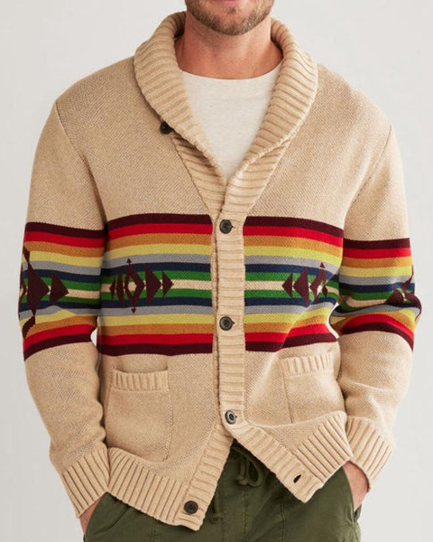 Men's Casual Striped Printed Long Sleeve Knitted Sweater Jacket