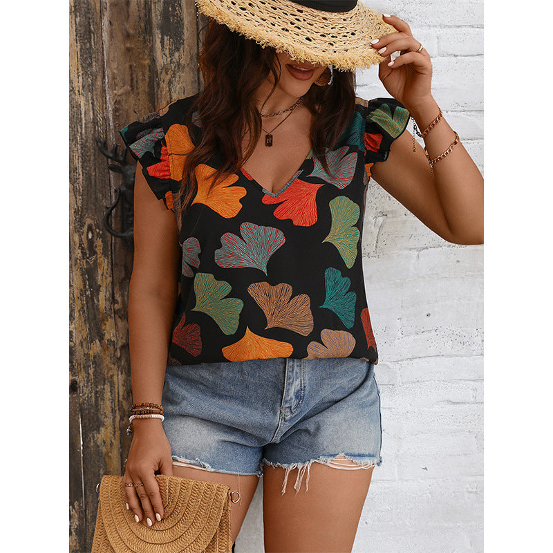 Plus Size Summer Women Fashionable V neck Lotus Sleeve Shirt Independent Stand Slimming Printed Casual Shirt