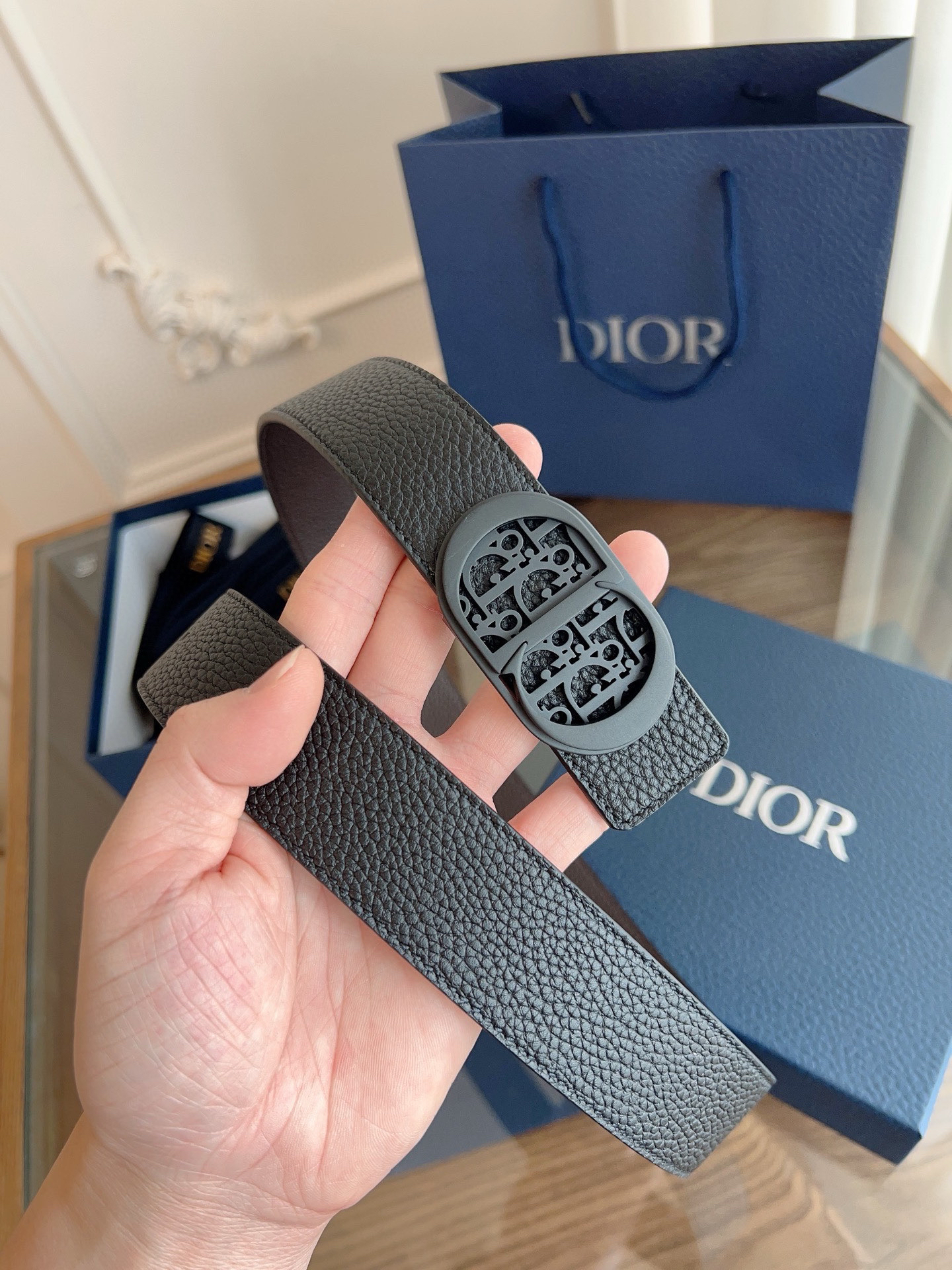 Dior coffee black double-faced cowhide belt width 3.5cm