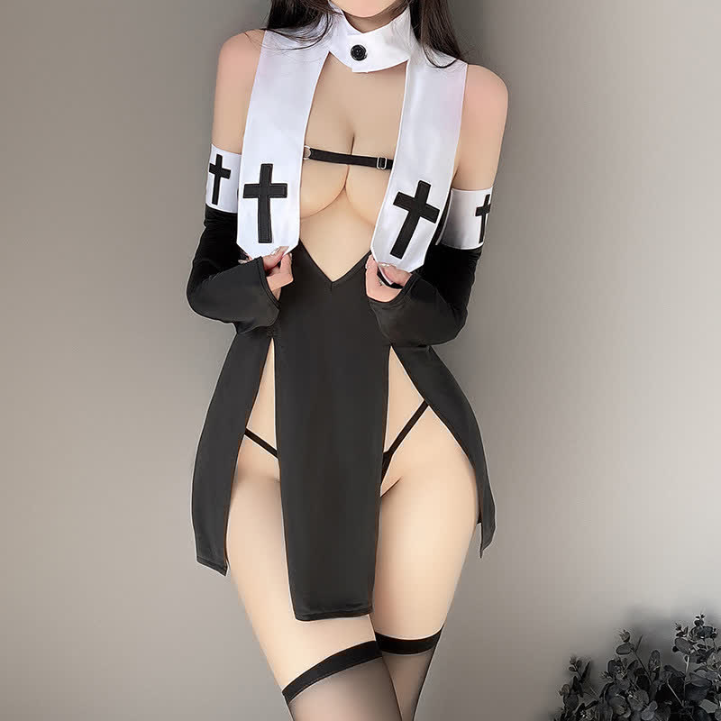 Cosplay Nun Cross Print Sexy Split Lingerie Dress