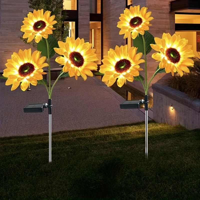 2pcs/4pcs Solar Sunflower Garden Lights With 3pcs/1pc Heads, Outdoor Simulation Flower Solar Lights Ground Plug-in Lights LED Decorative, For Garden, Lawn