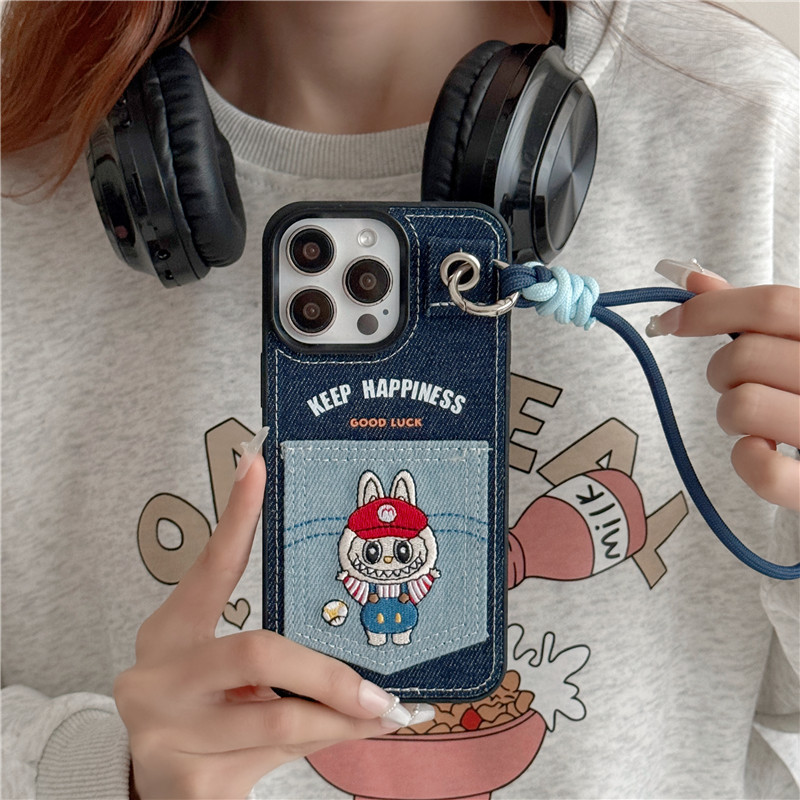 Labubu denim embroidery 3D pocket card slot phone case for iphone