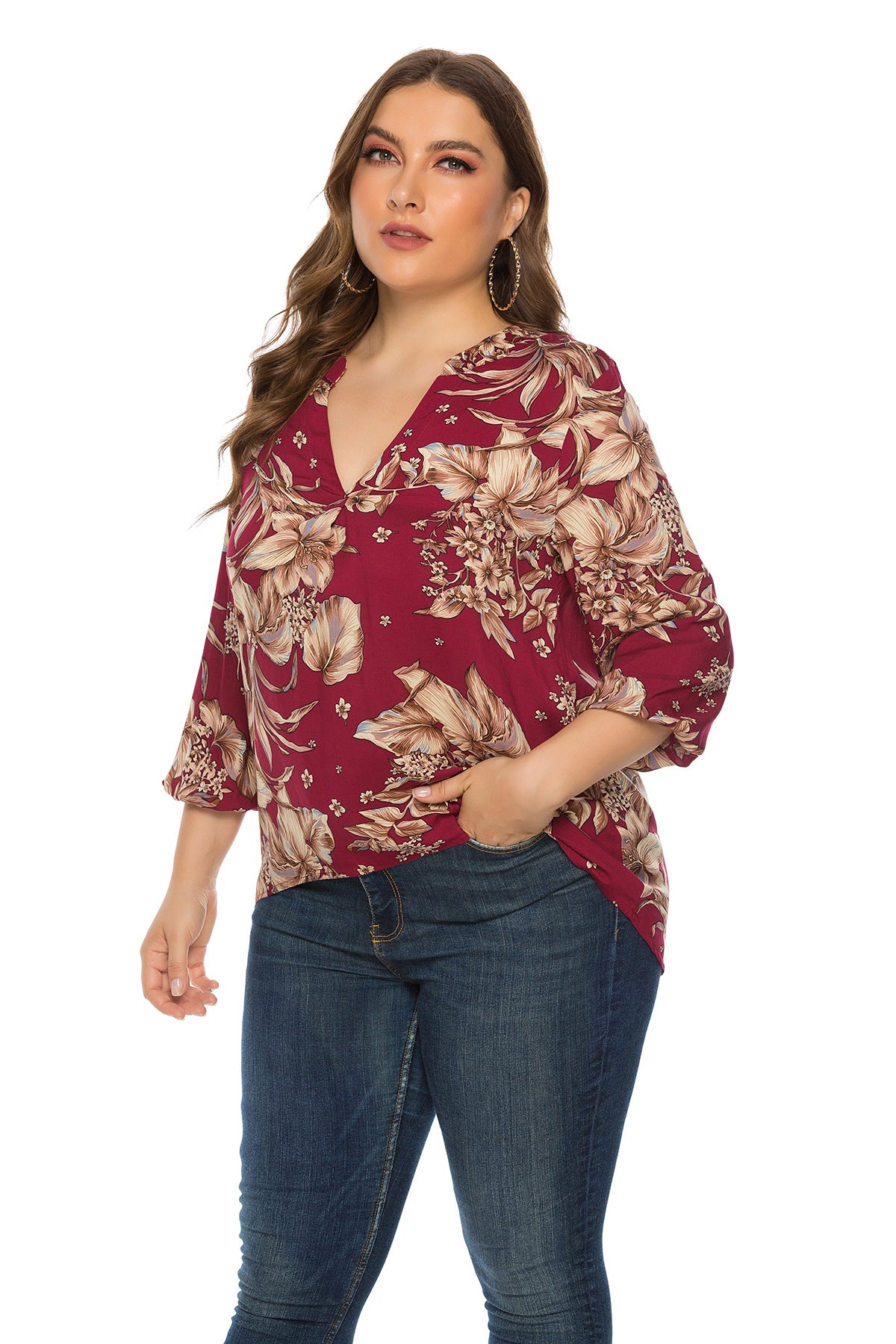 Plus Size Women Clothing Spring Autumn Long Sleeve V neck Printed Rayon Top