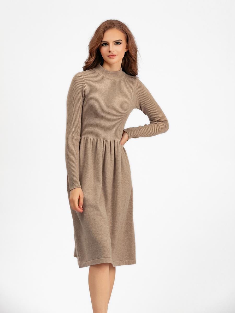 Autumn and winter half-high collar large pendulum long style knitted dress waist show thin long sleeve simple temperament sweater bottom skirt woman