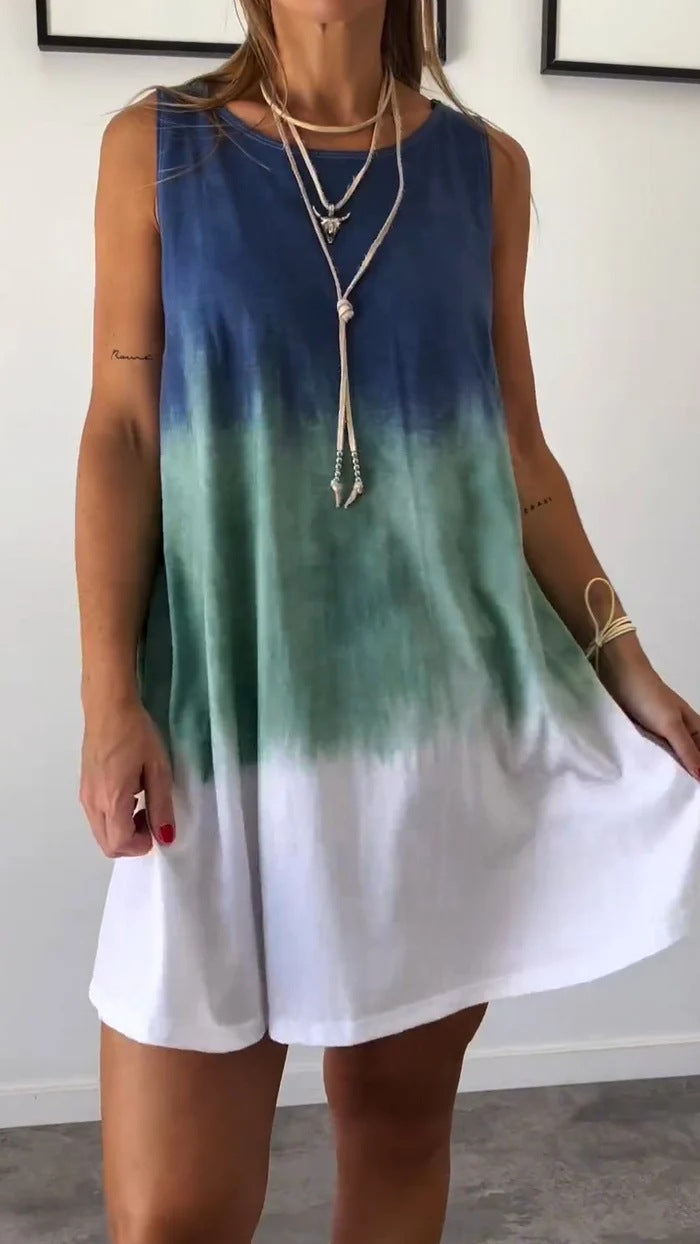 Women Internet Celebrity Summer Tie Dyed Printed Sleeveless Loose Dress
