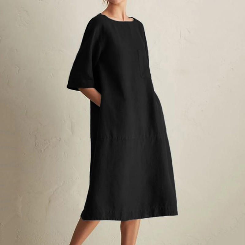 Vintage Plain Pocket Round Neck Short Sleeve Midi Dress