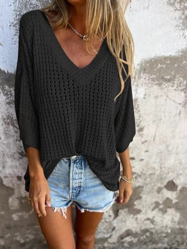 Women's Long-Sleeved Knitted Mountain Idle Style Outer Match with Hollow Out Design