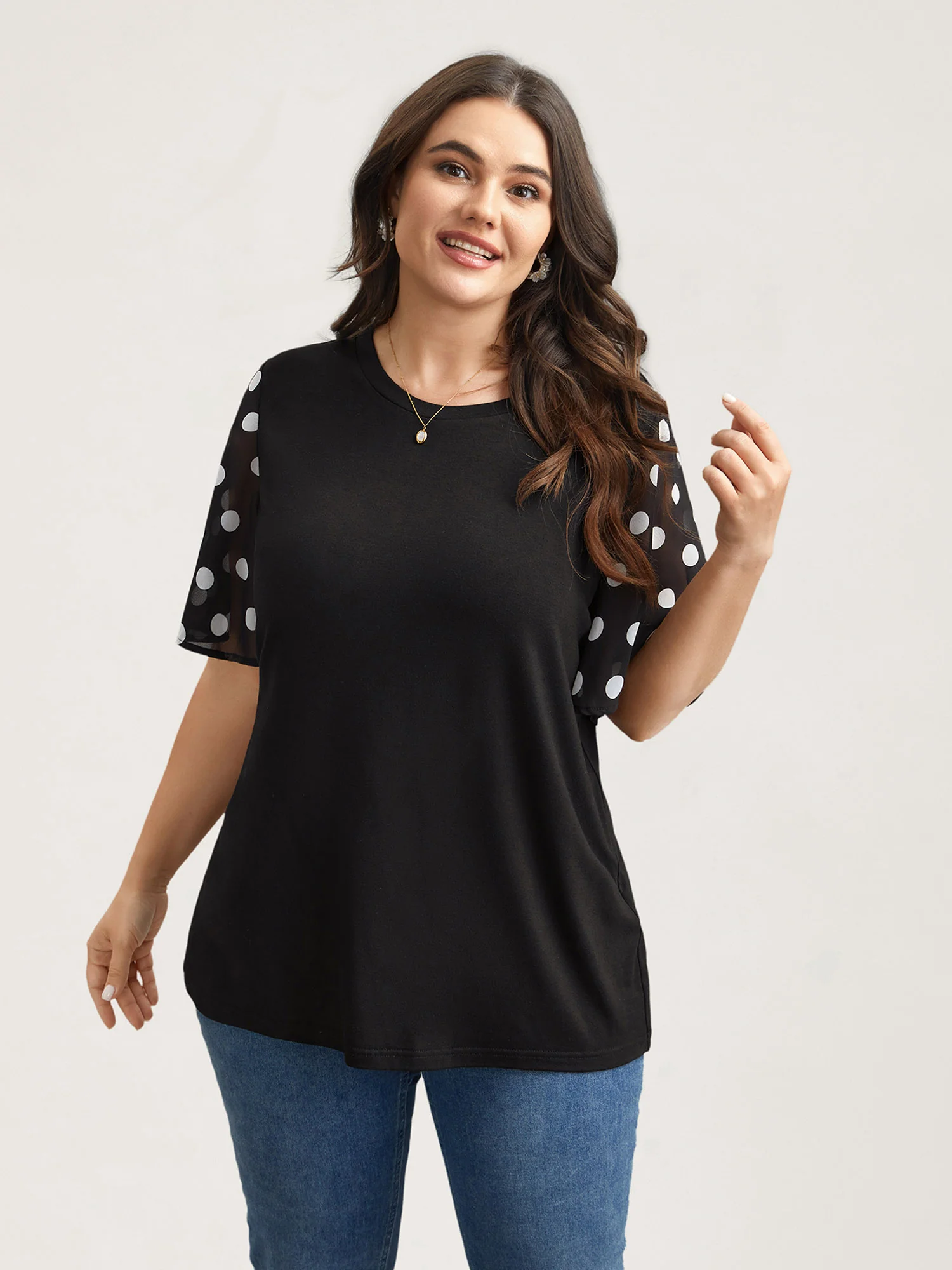 Stretchy Sheer Dot Sleeve Textured T-Shirt