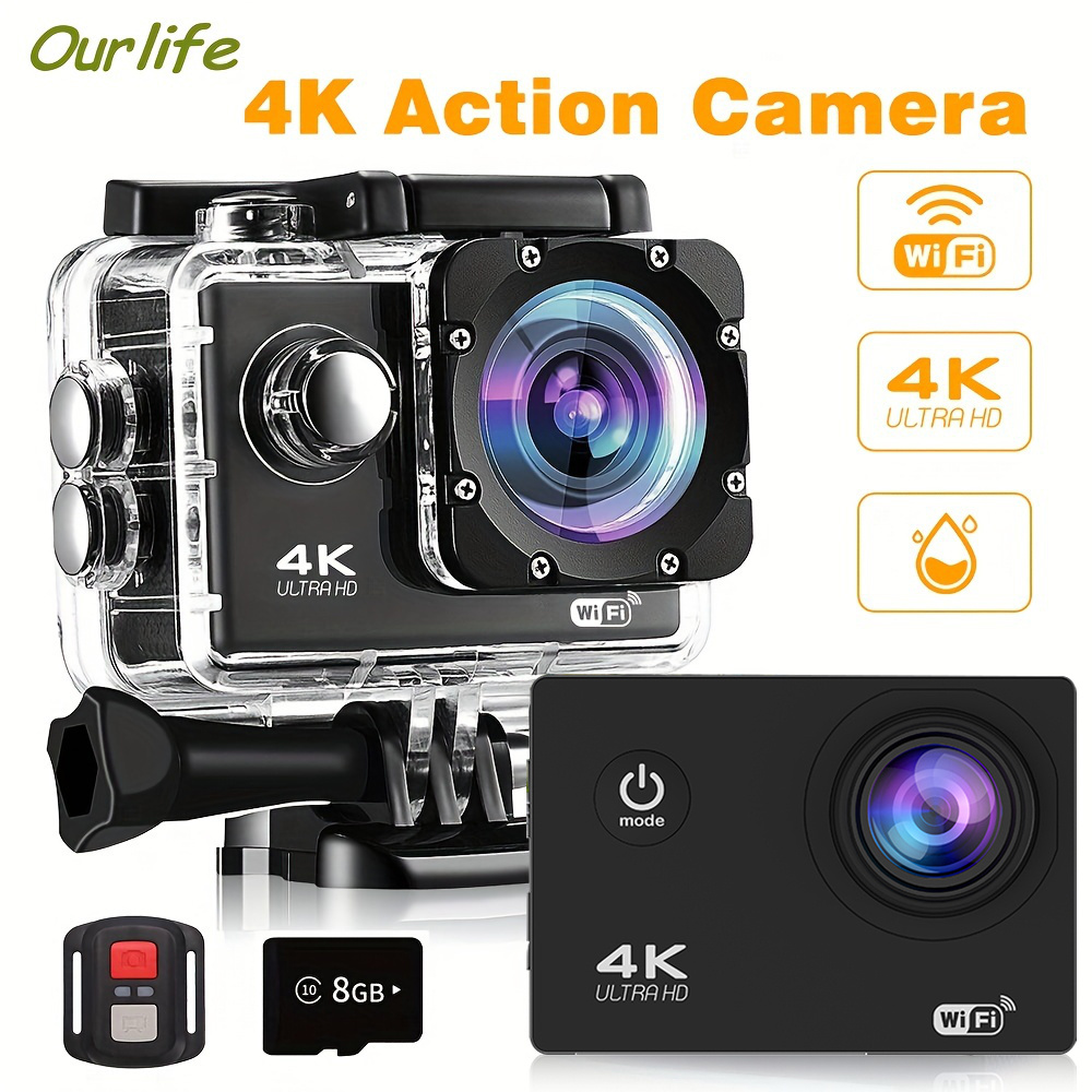 Action Camera 4K Ultra HD - Waterproof, WiFi, Remote Control, 8GB Card, 170° Wide-Angle Lens - Capture Your Adventures Like Never Before