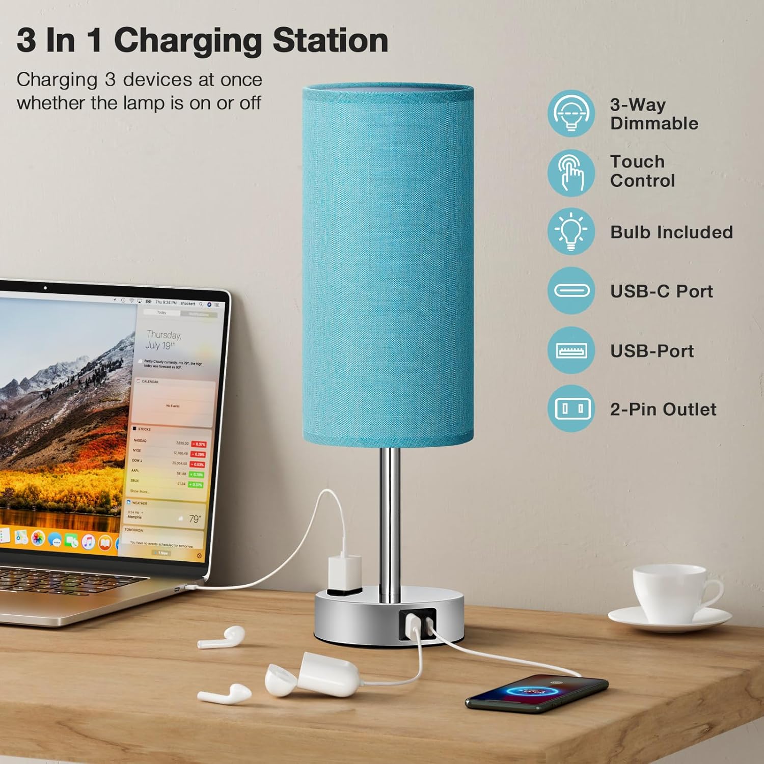 Bedside Table Lamp for Bedroom - 3 Way Dimmable Touch Lamp USB C Charging Ports and AC Outlet, Small Lamp Wood Base Round Flaxen Fabric Shade for Living Room, Desk, LED Bulb Included