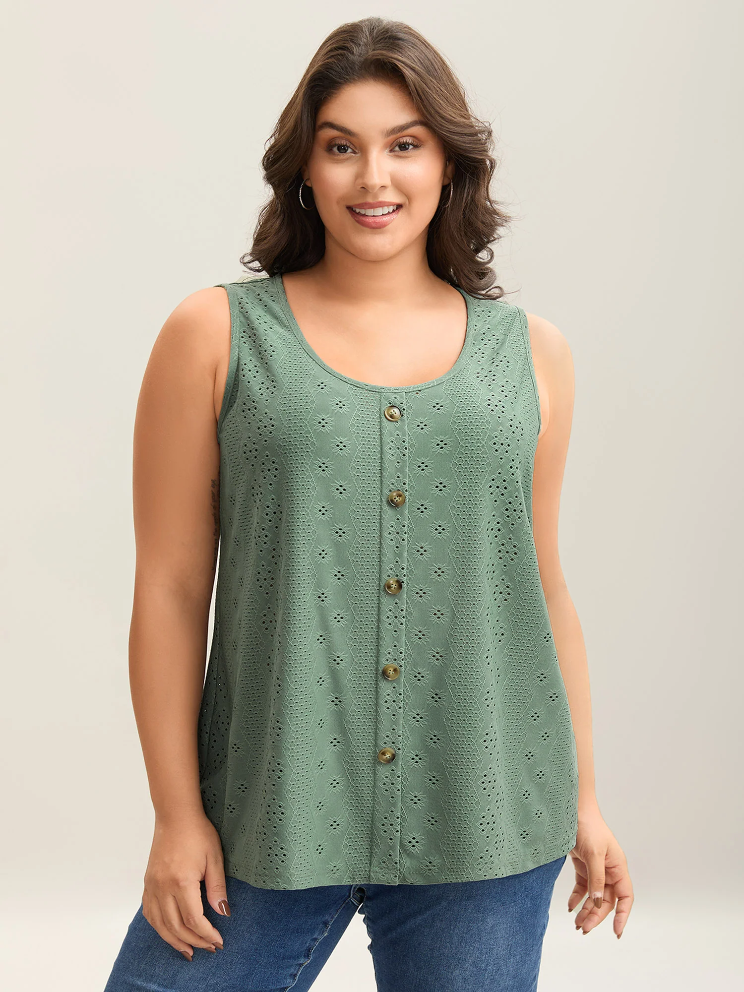 Cut-Out Textured Button Detail Tank Top