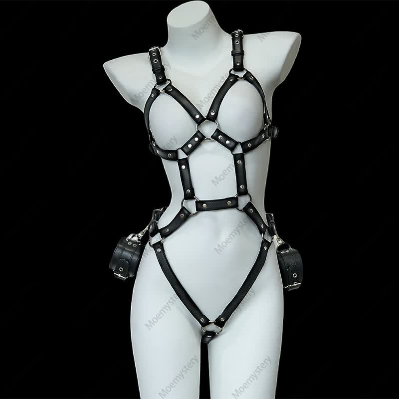 Sexy Hollow Out PU Bondage Lingerie With Handcuffs