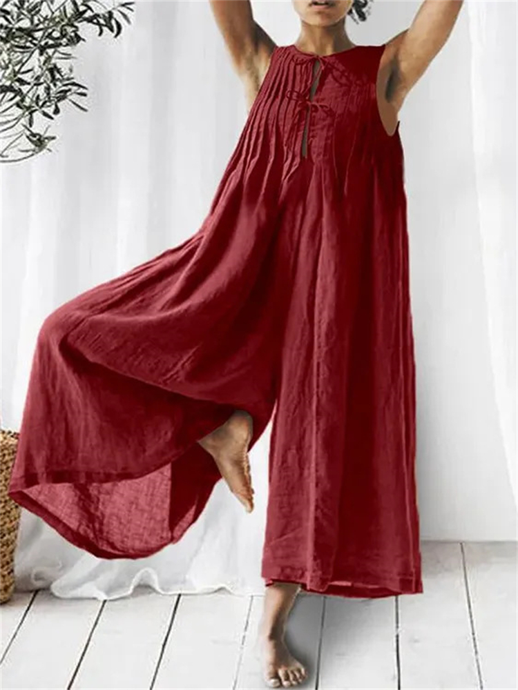 Pleated Laced Front Wide Leg Flowy Jumpsuit