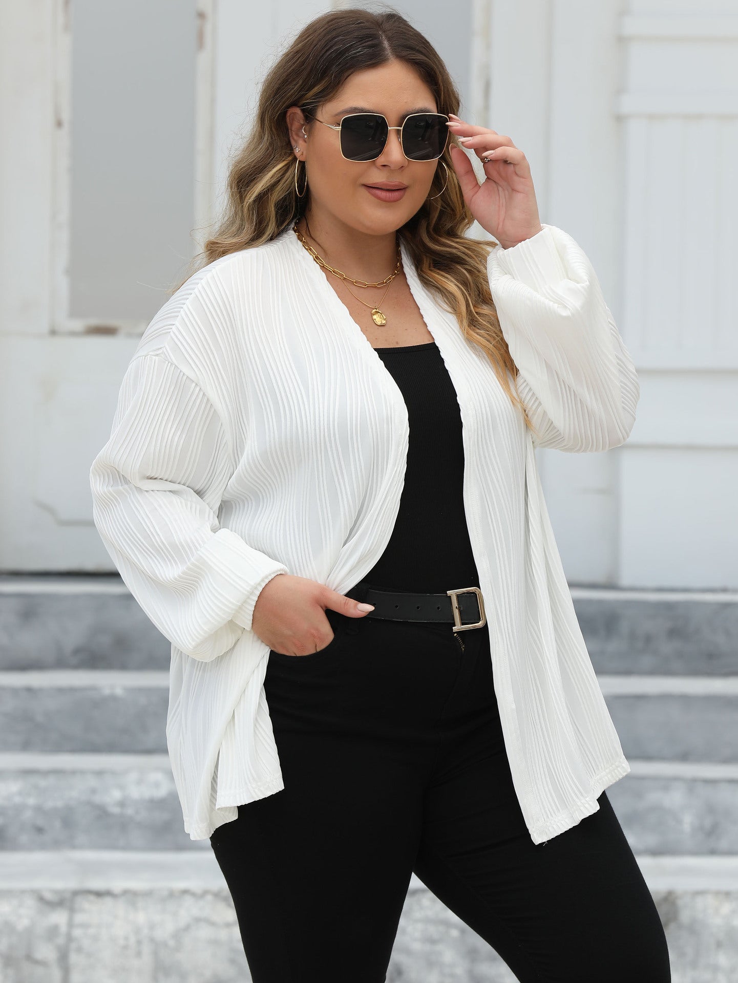 Plus Size Women Cardigan Women Wave Striped Casual Loose Jacket Comfortable Top Lantern Sleeve Air Conditioning Shirt