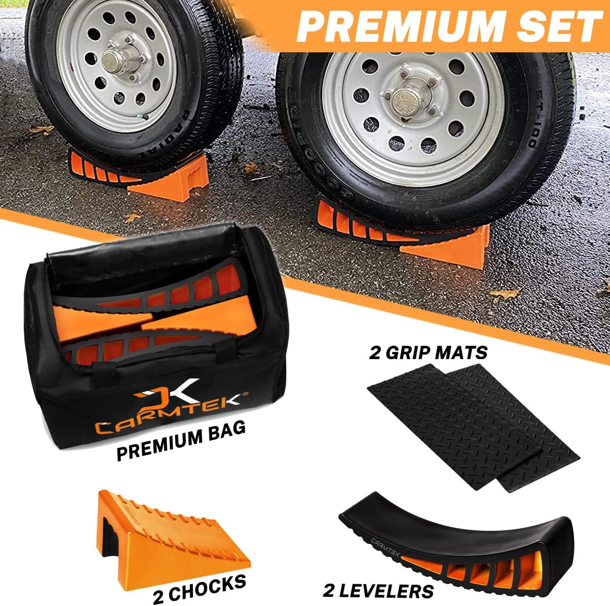 CARMTEK Camper Leveler Premium Kit Curved RV Levelers with Camper Wheel Chocks