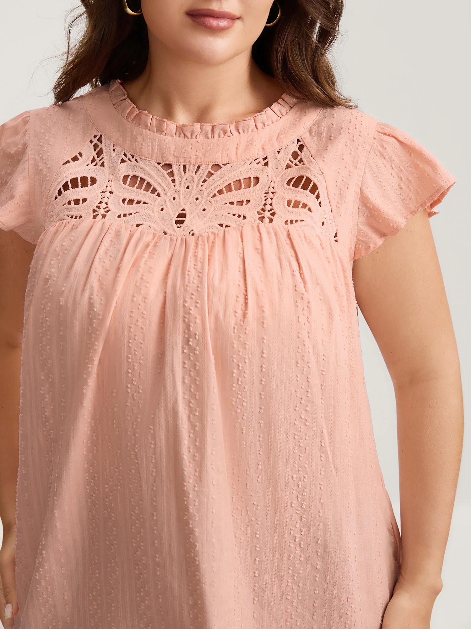 Cotton Cut-Out Lace Ruffled Neck Blouse