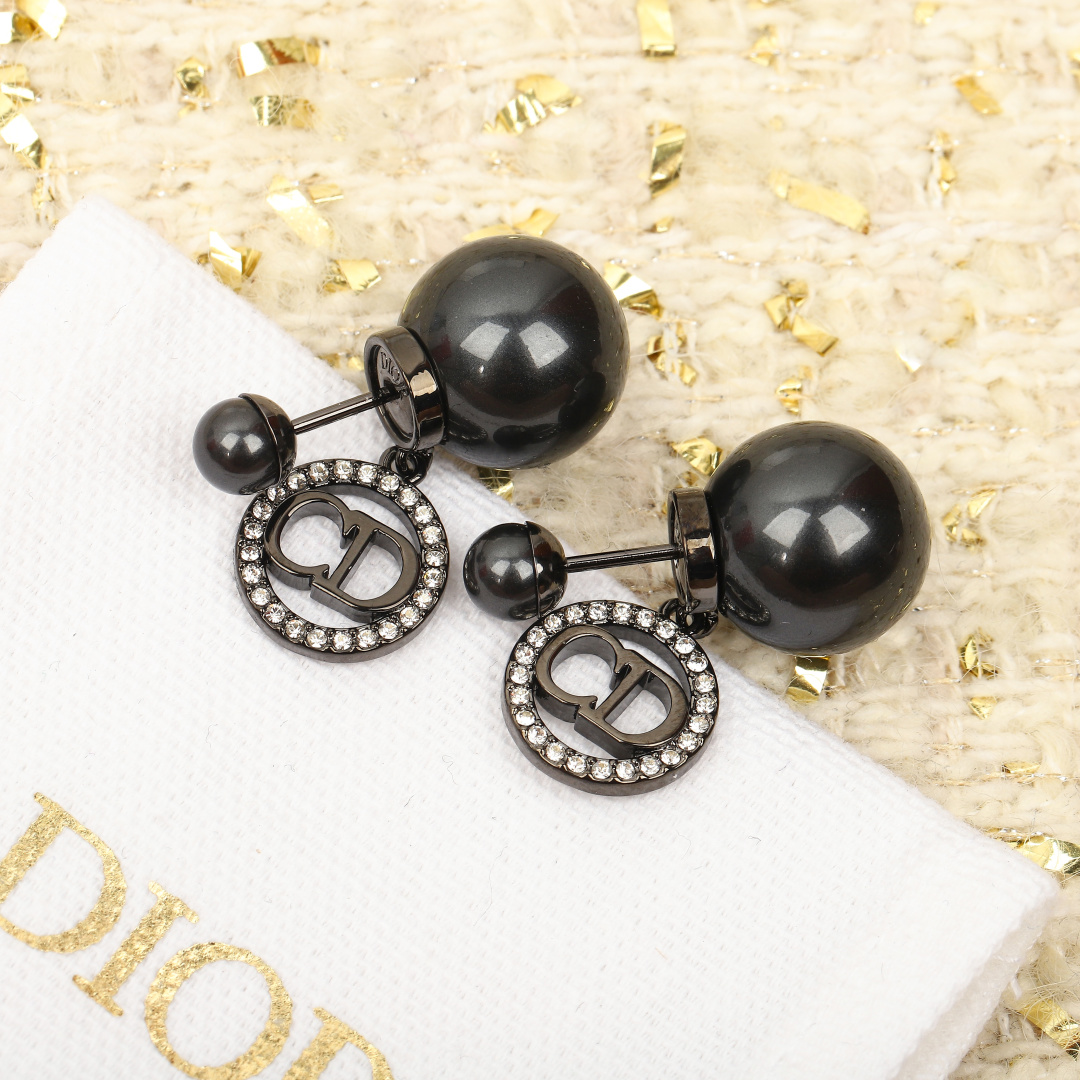 Dior Round Crystal CD Double Ball Pearl Earrings