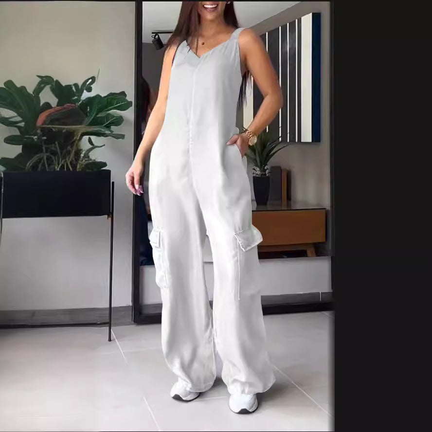 European and American Style V-Neck Jumpsuit with Thin Jeans Fabric and Pockets