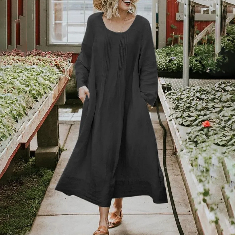 Round Neck Pleated Pocket Solid Color Long Sleeved Midi Dress