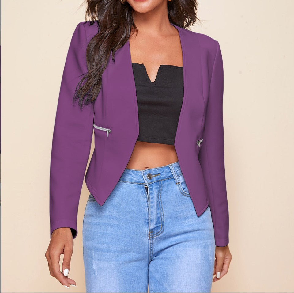 Long Sleeve Cardigan Zipper Pocket Jacket Top with a Small Suit Style.