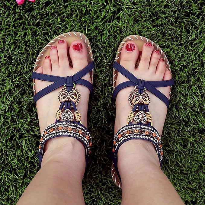 👣Women's rhinestone butterfly flat sandals, bohemian style open toe elastic summer sandals
