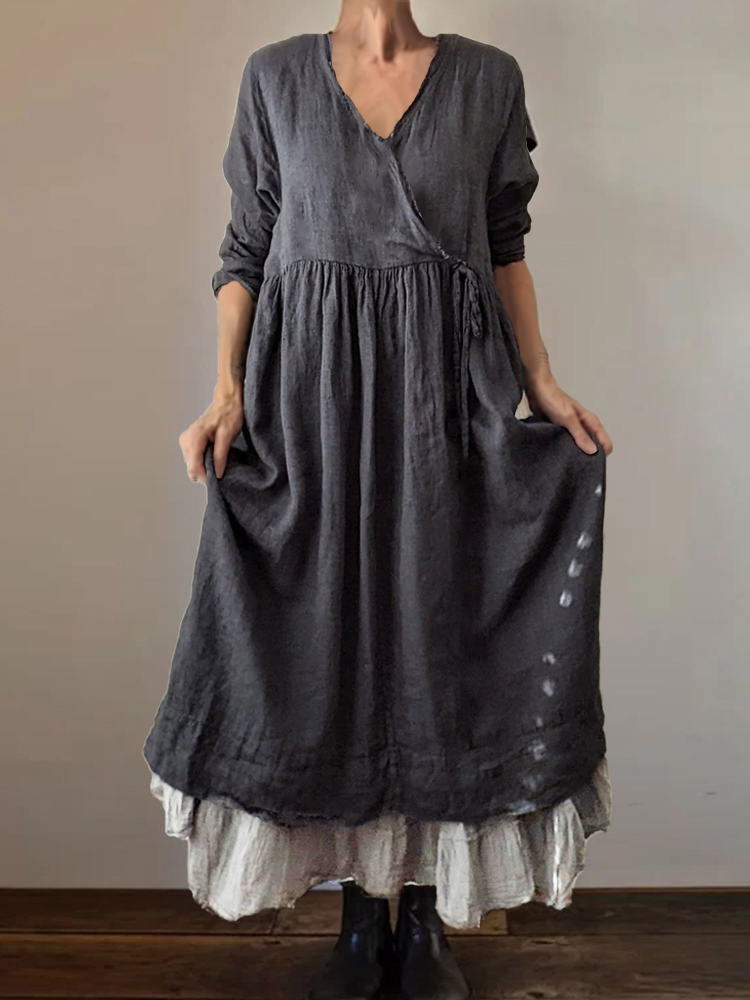 Pleated Frayed Hem Wrap V Neck Maxi Dress