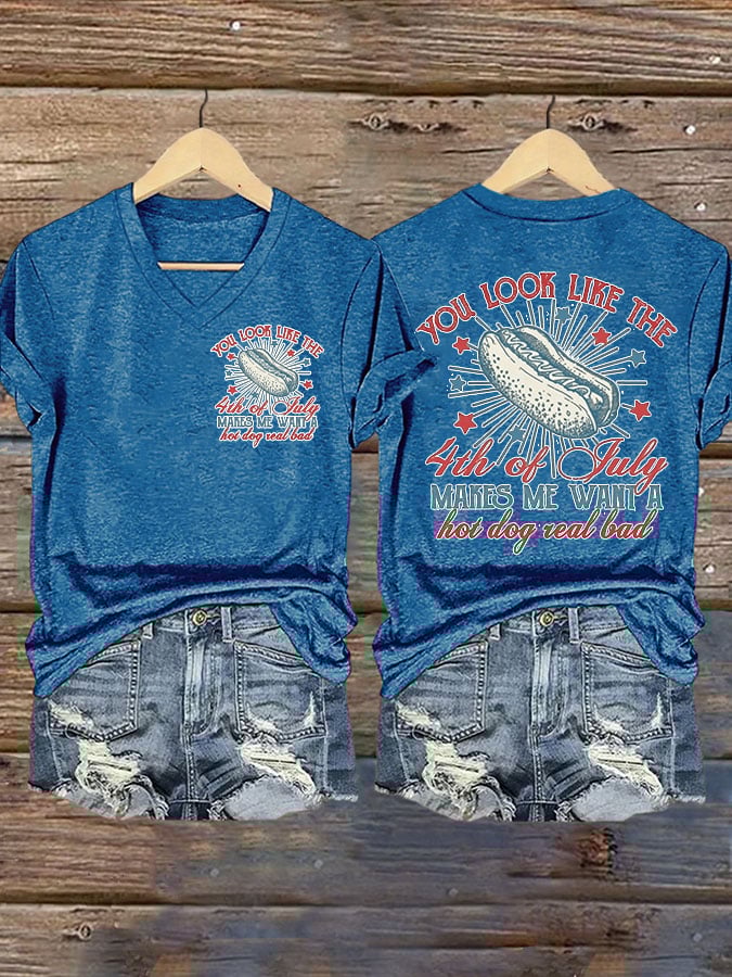 Womens Retro Independence Day Hot Dog Print T-Shirt