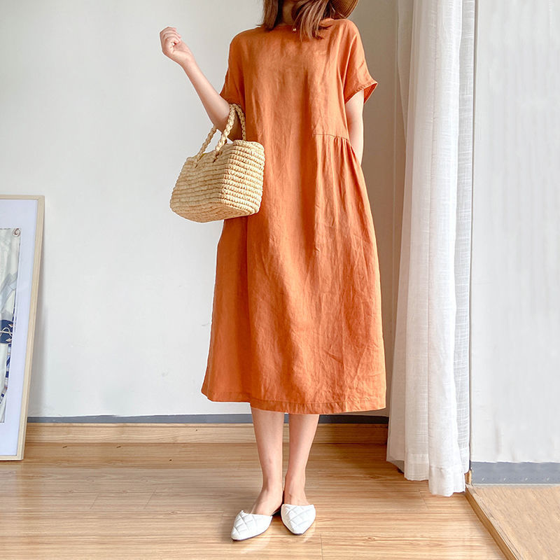 Casual Loose Short Sleeve Solid Color Midi Dress