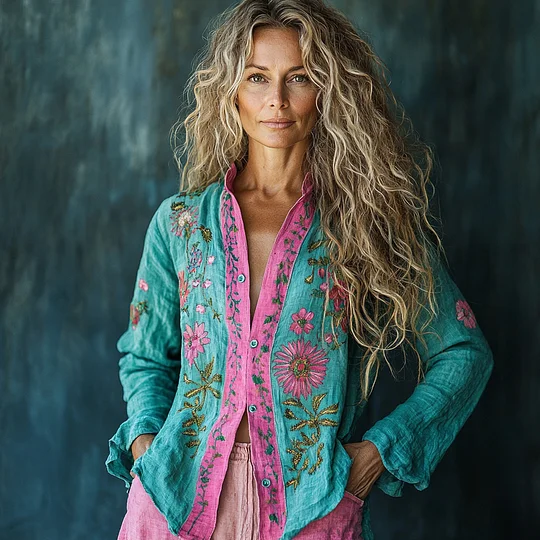 Bohemian Holiday Style Linen Floral Print  Long Sleeve Shirt