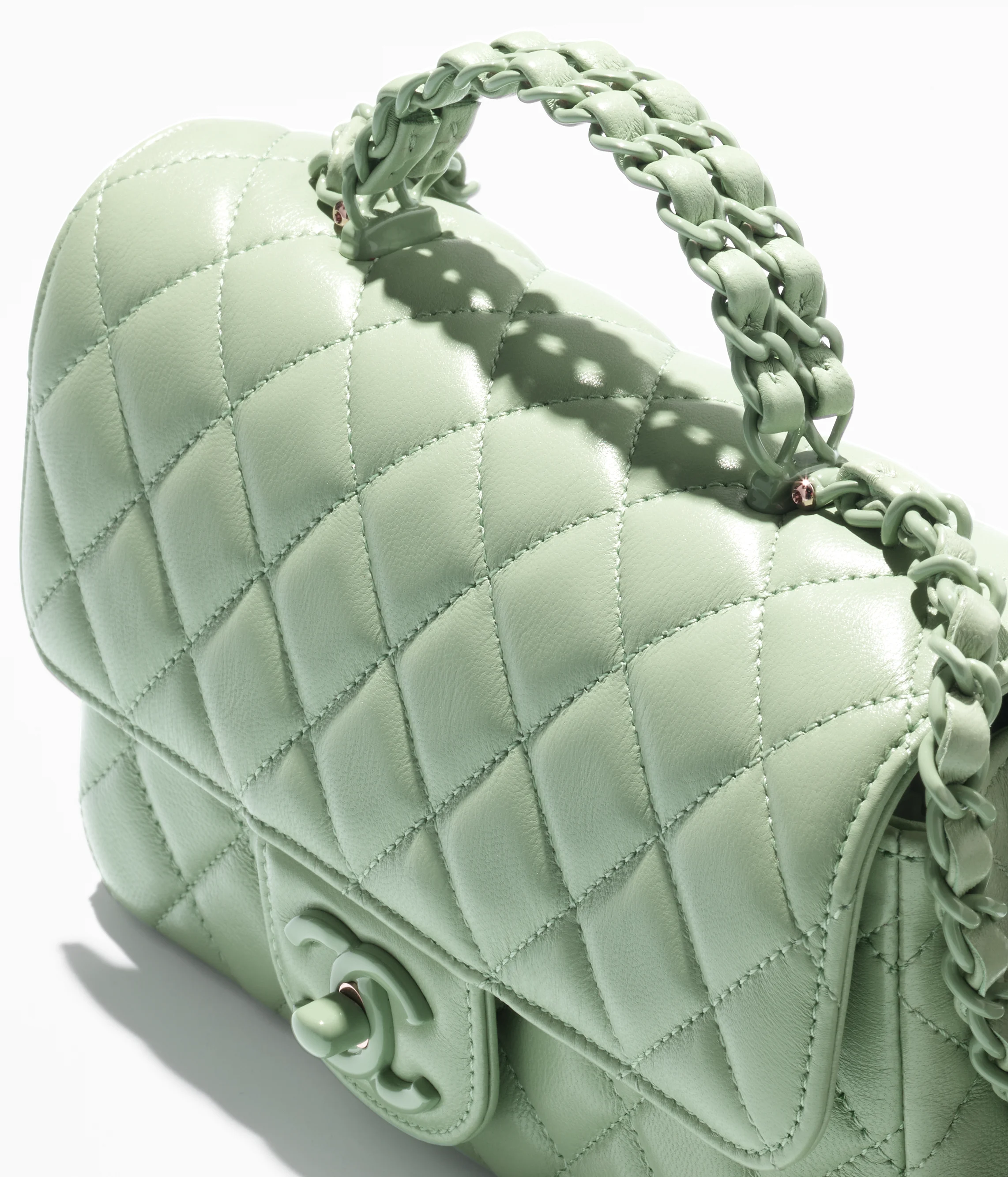 Chanel Mini Flap Bag with Top Handle Lambskin & Lacquered Metal Light Green AS5243-B18687-NM369