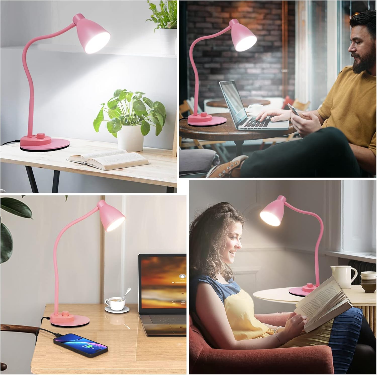 BOHON LED Desk Lamp with USB Charging Port 3 Color Modes Dimmable Reading Light Intelligent Induction Auto Dimming Task Lamp Flexible Gooseneck Table Lamp for Bedside Office, AC Adapter Include