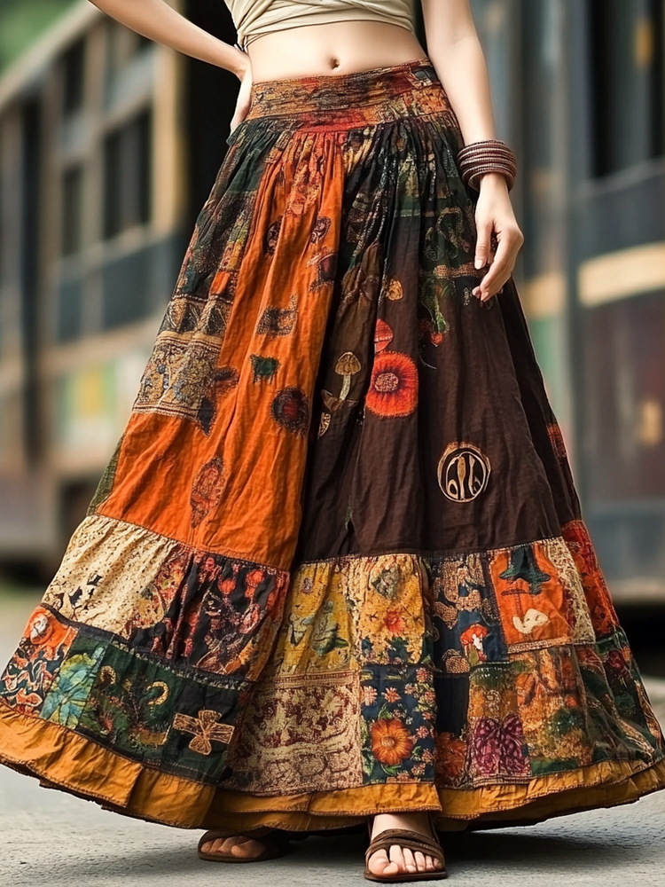 Women's Vintage Bohemian Art Linen Skirt