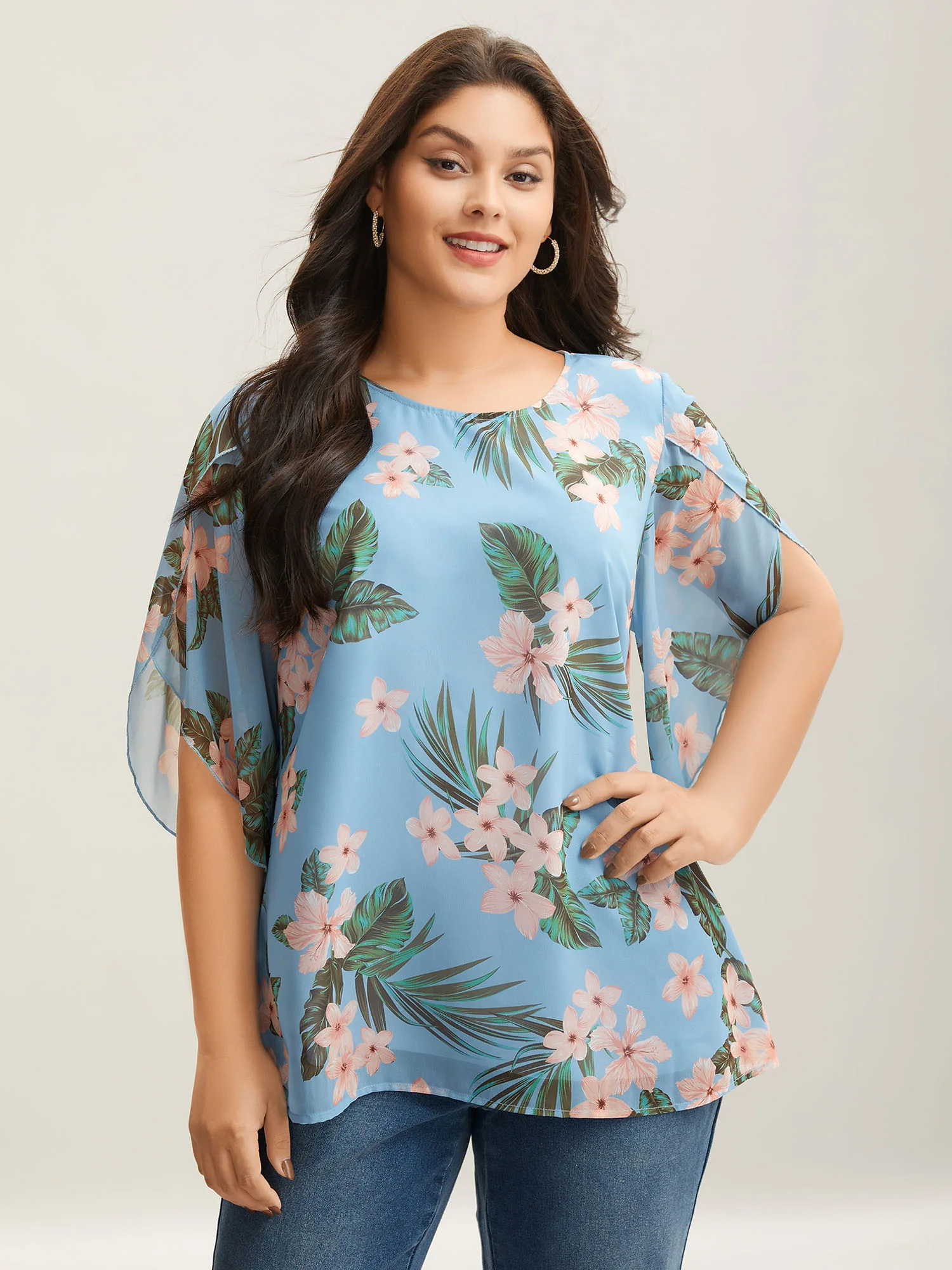 Petal Sleeve Floral Round Neck Shirt