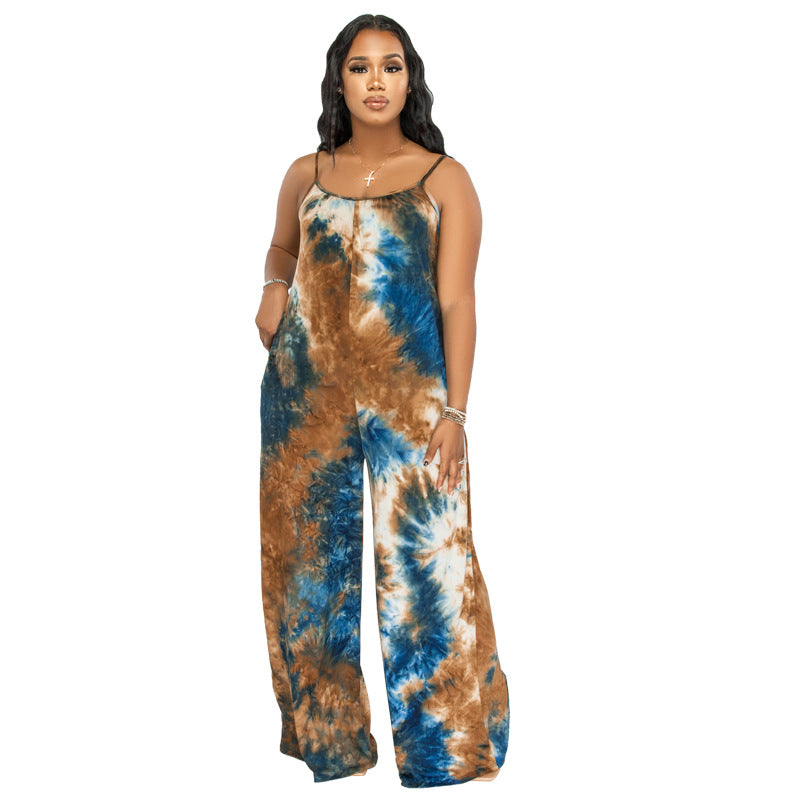 Plus Size New Tie-Dyed Printed Sling Casual Pants Straight Stylish Loose Jumpsuit
