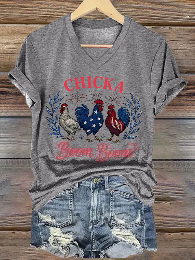 Women's Chicka Boom Boom Patriotic Rooster Print T-shirt