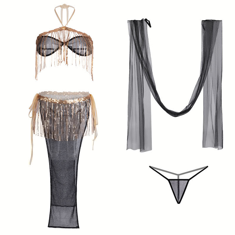 Sexy Sequins Decoration See-through Lingerie Set