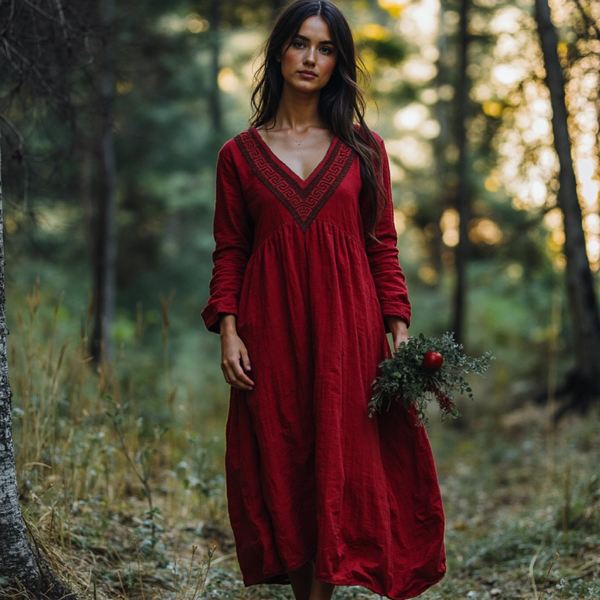 Retro Greek Key V-neck Cotton Linen Dress