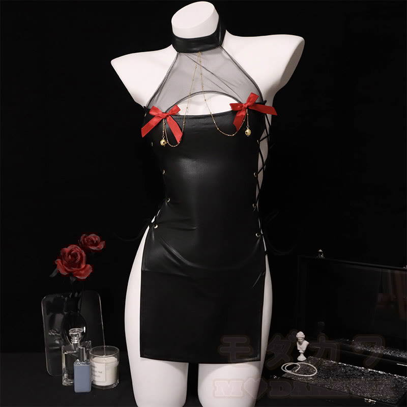 See-through Lace-up Bow Chain Lingerie Dress
