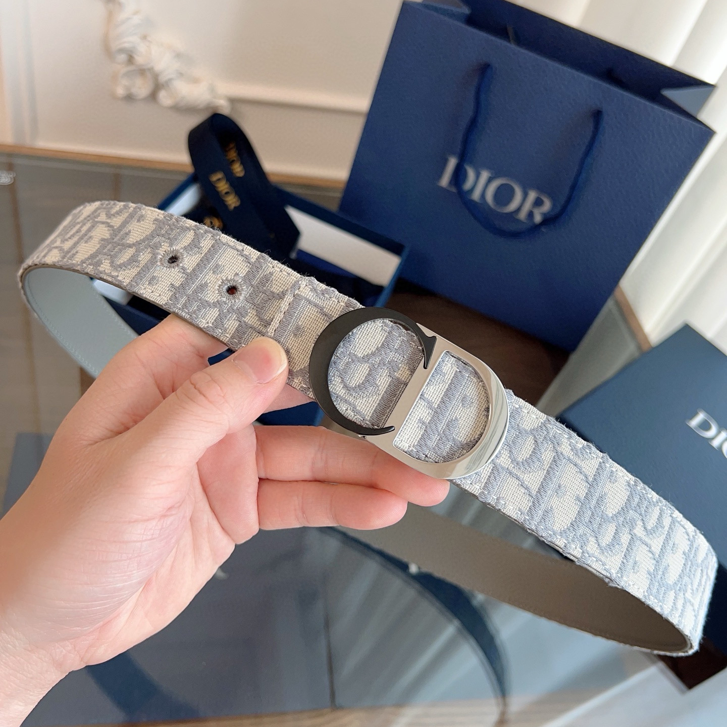 Dior Oblique Grey Cloth Grey Cowhide Leather Strap 3.5cm Wide