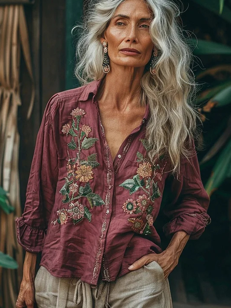 Bohemian Style Linen Floral Art Print  Long Sleeve Shirt
