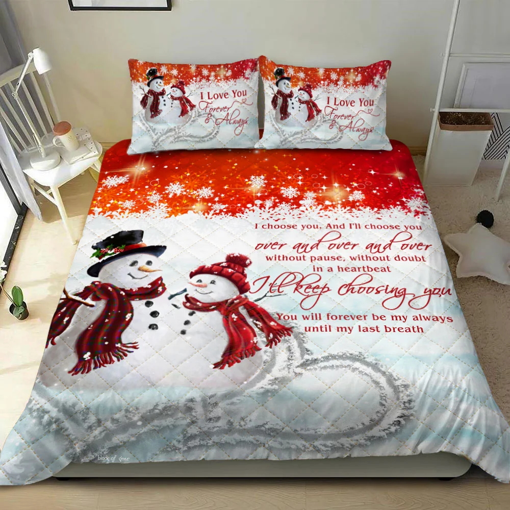 Snowman Couple Christmas Quilt Bed Set