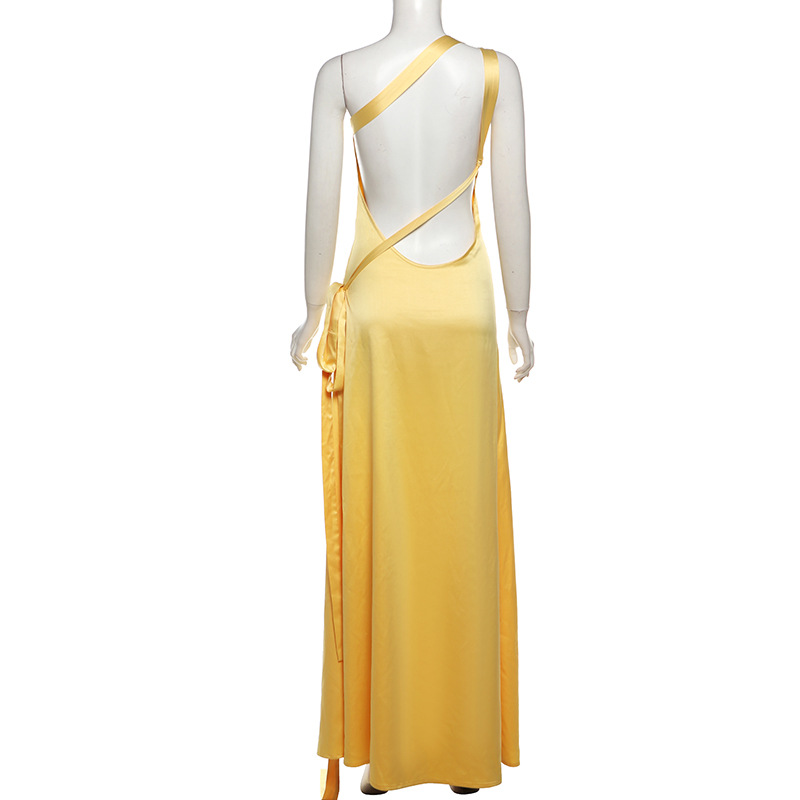 Yellow Fashionable sexy girl sleeveless slanting collar hollow backless high-waisted slim dress dress