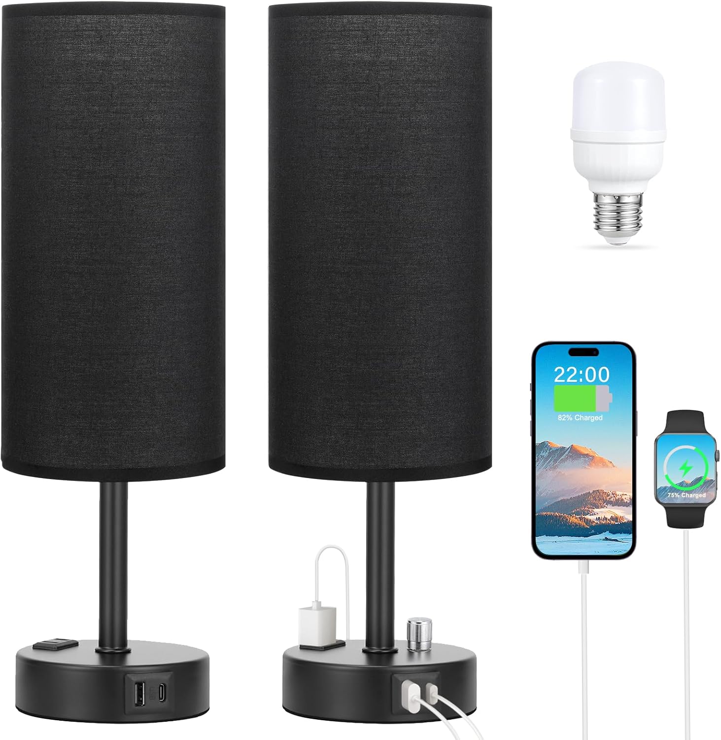 Bedside Table Lamp for Bedroom - 3 Way Dimmable Touch Lamp USB C Charging Ports and AC Outlet, Small Lamp Wood Base Round Flaxen Fabric Shade for Living Room, Desk, LED Bulb Included