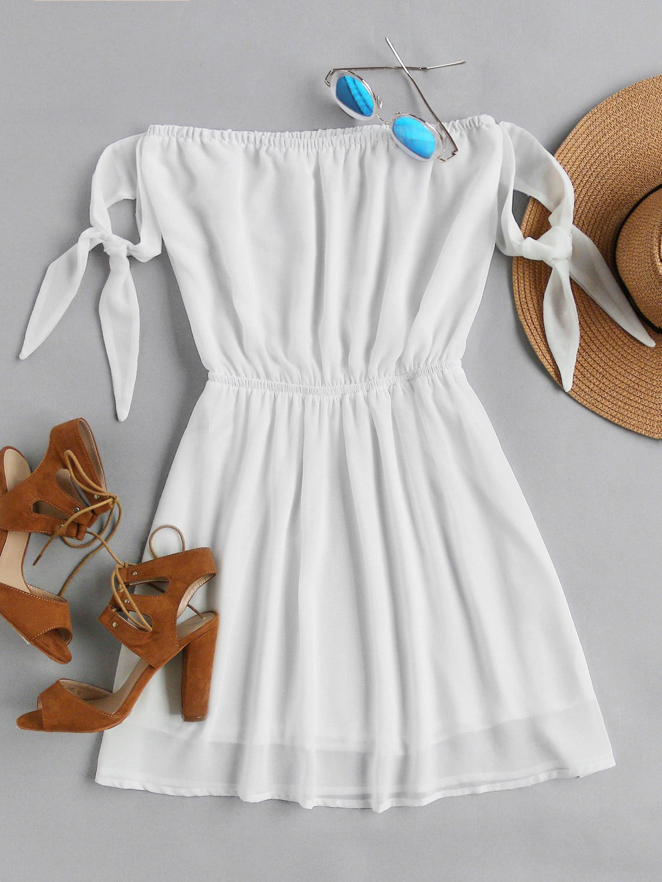 Off Shoulder Self Tie Sleeve Elastic Waist Dress