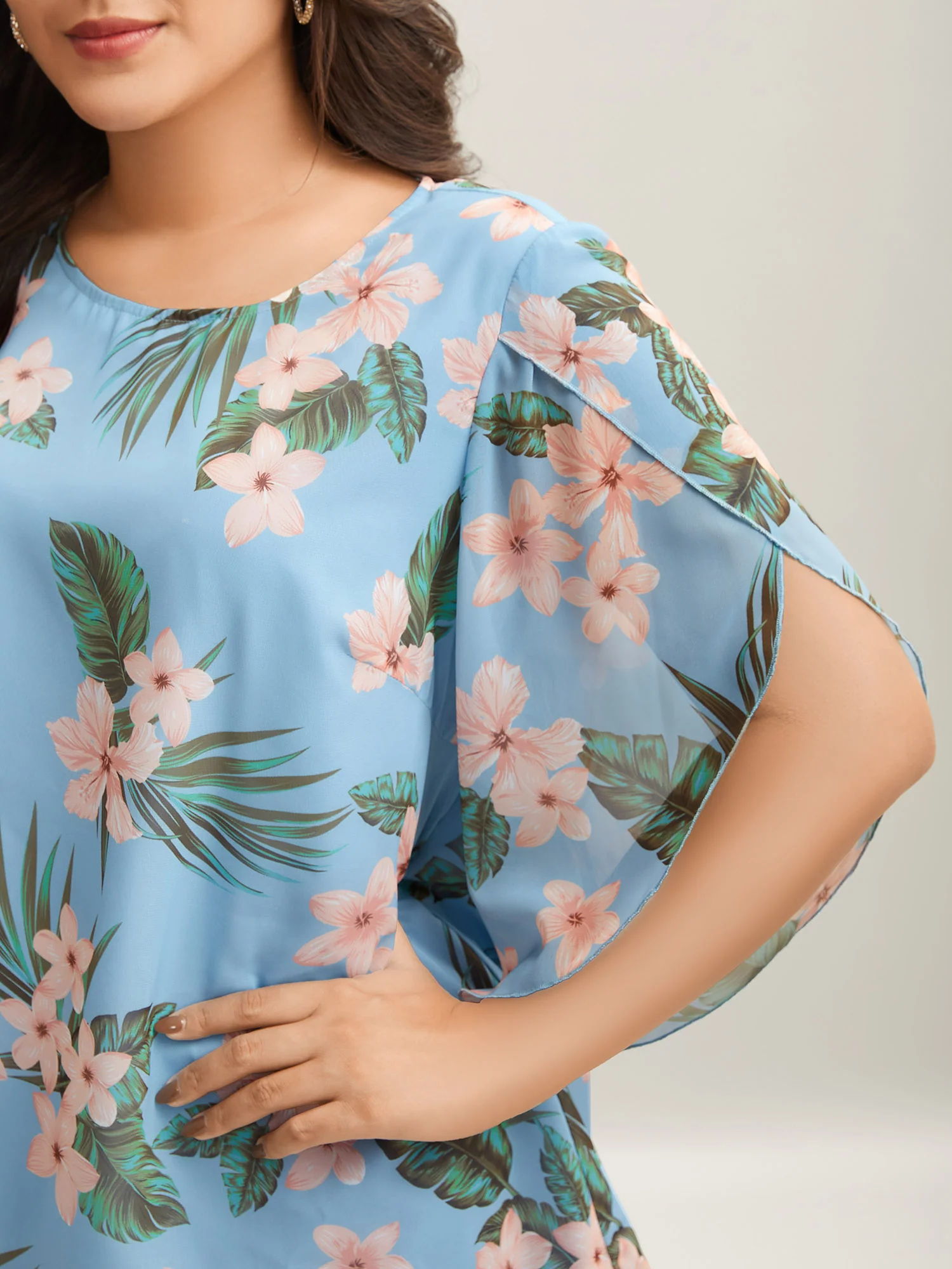 Petal Sleeve Floral Round Neck Shirt