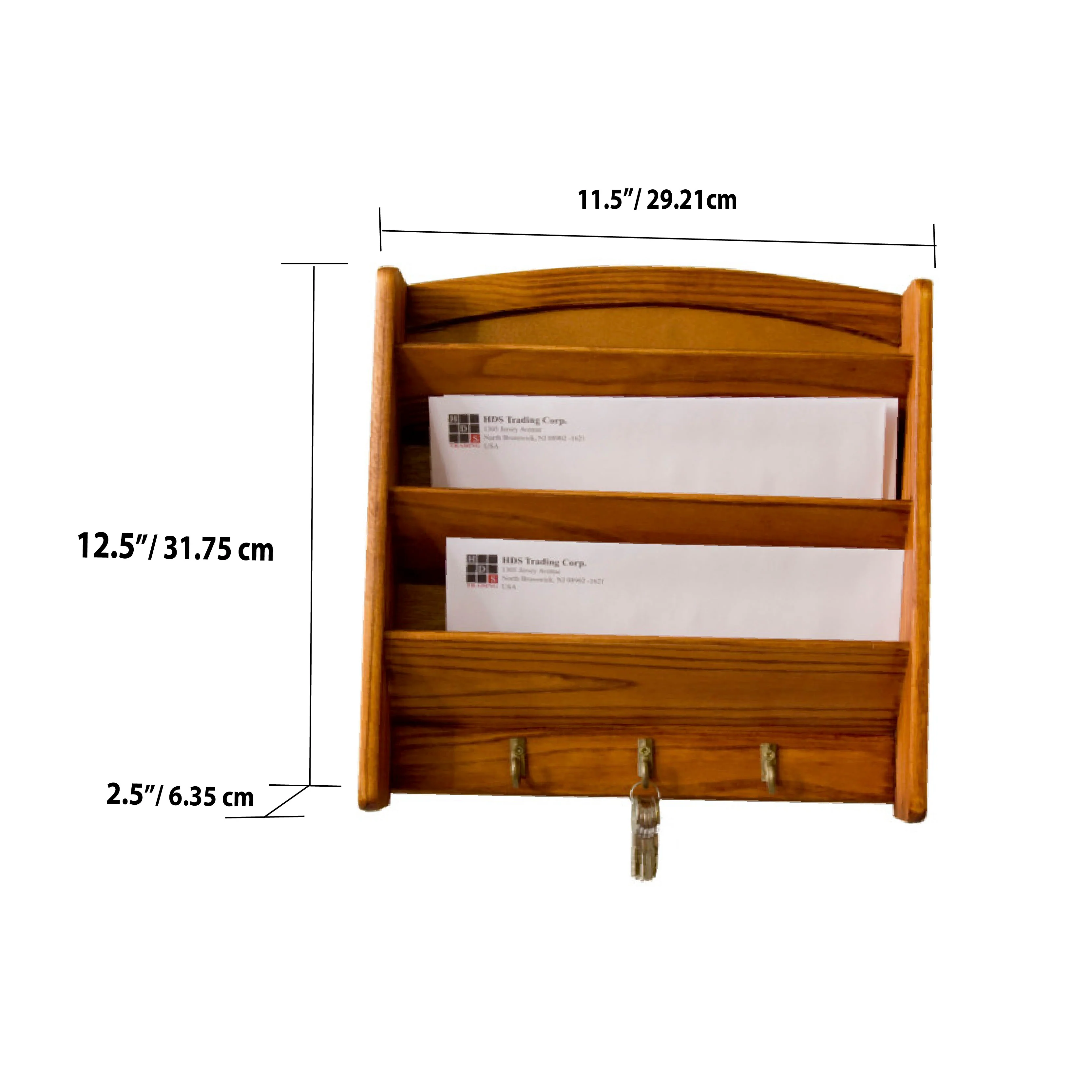 3-Tier Pine Letter Rack With Key Hooks - Natural